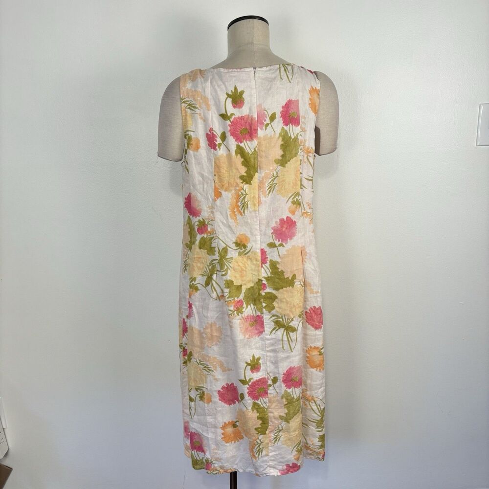 J.Jill Women's 100% Linen Floral Shift Dress Size 14 Pink Orange Watercolor Midi - Picture 7 of 8